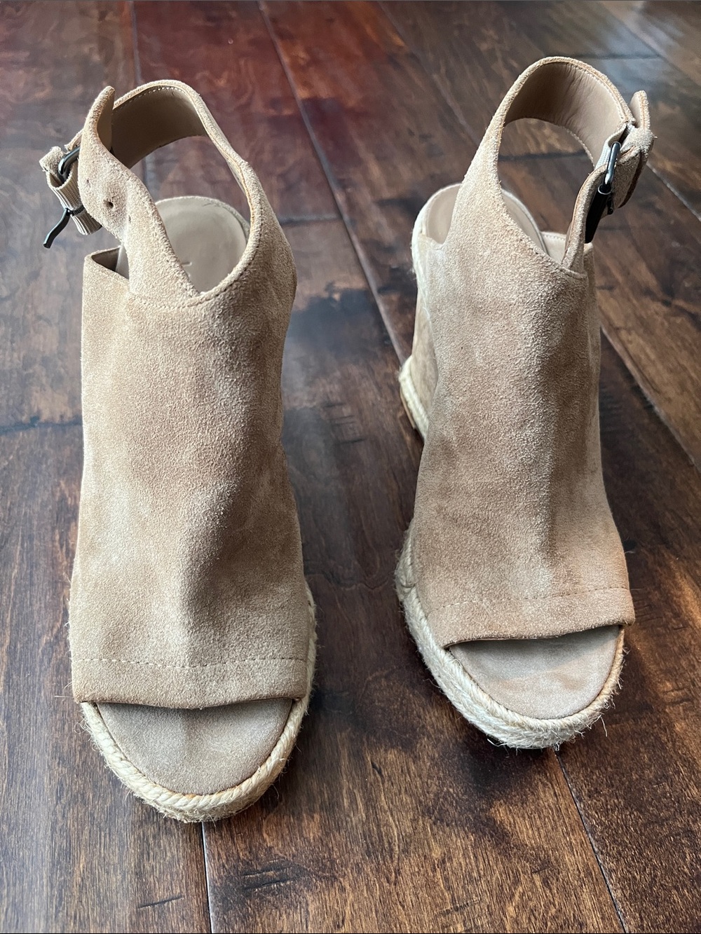 Vince Tan Suede Open-Toe Espadrille Wedge Sandals